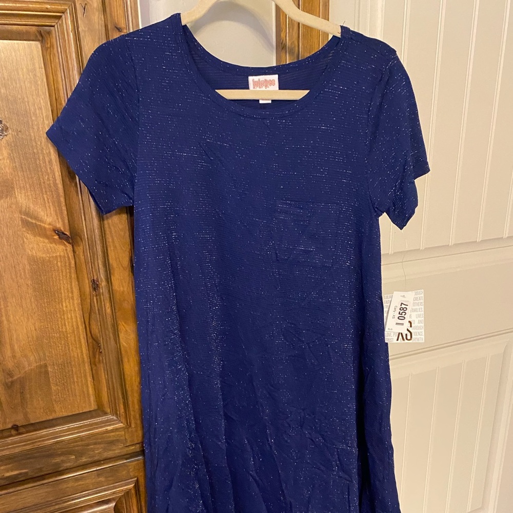 Brand New w/Tags - Lularoe Carly dress,Elegant collection, blue and sparkly gold